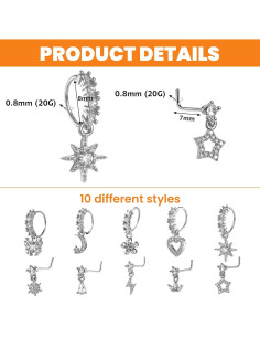 Juego de 10 Aros de Nariz Colgantes 20G Plata con Encanto 2