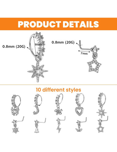 Juego de 10 Aros de Nariz Colgantes 20G Plata con Encanto