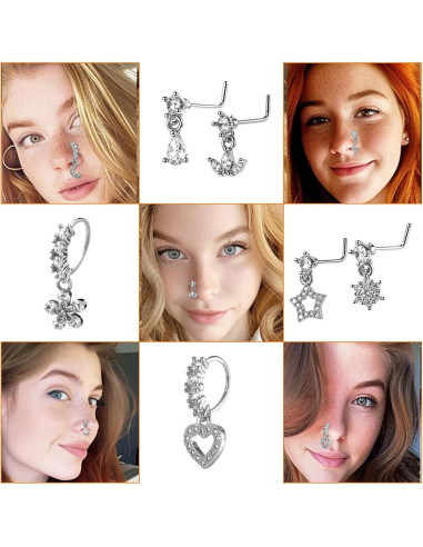 Juego de 10 Aros de Nariz Colgantes 20G Plata con Encanto