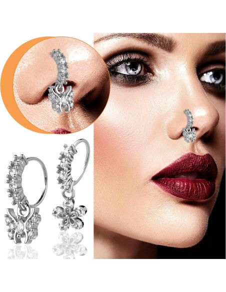 Juego de 10 Aros de Nariz Colgantes 20G Plata con Encanto