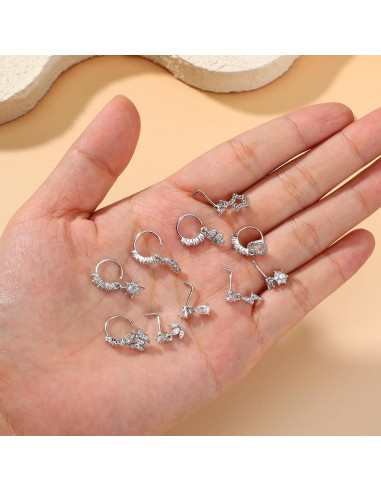 Juego de 10 Aros de Nariz Colgantes 20G Plata con Encanto