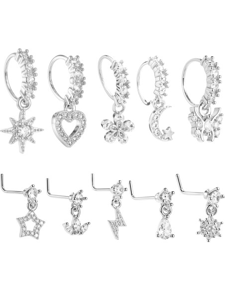 Juego de 10 Aros de Nariz Colgantes 20G Plata con Encanto