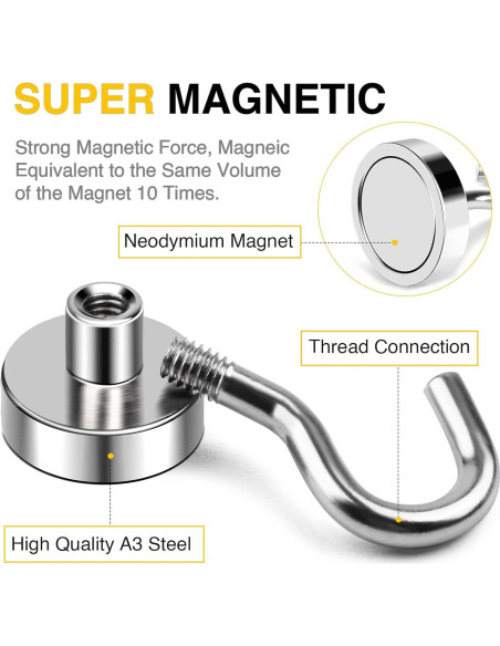 Ganchos Magnéticos DIYMAG 30lbs (13.6kg) Plata - 6 Paquete