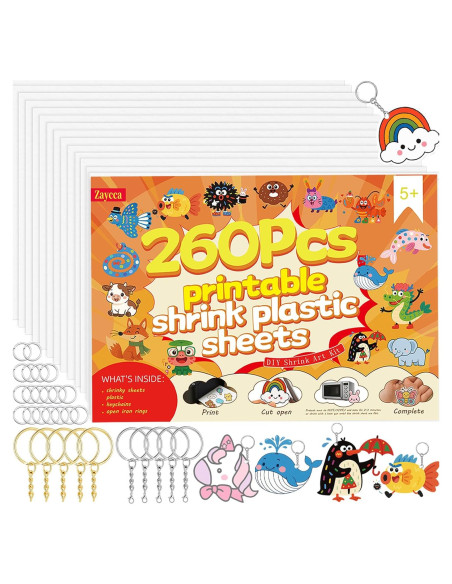 Kit de Llaveros Zaycca Shrinky Dink - 20 Hojas y 240 Accesorios