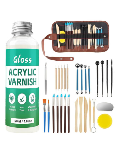 Kit de Arcilla de Polímero Krbnk 120ml Barniz Brillante y 29 Piezas