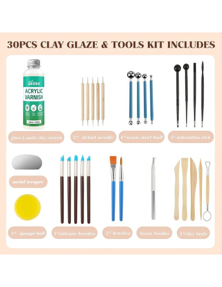 Kit de Arcilla de Polímero Krbnk 120ml Barniz Brillante y 29 Piezas