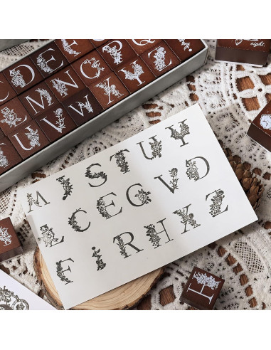 Conjunto de Sellos de Goma de Madera LuckComing A-Z Floral