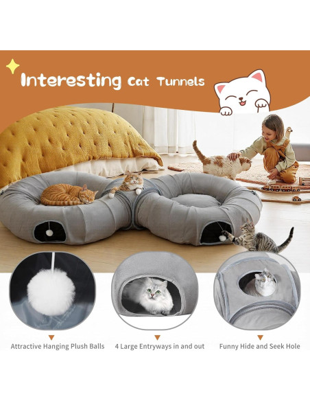 Cueva de Gato Pawaboo 2-en-1 con Túneles y Cojines Gris