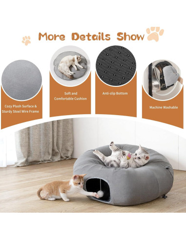 Cueva de Gato Pawaboo 2-en-1 con Túneles y Cojines Gris