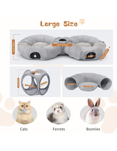 Cueva de Gato Pawaboo 2-en-1 con Túneles y Cojines Gris