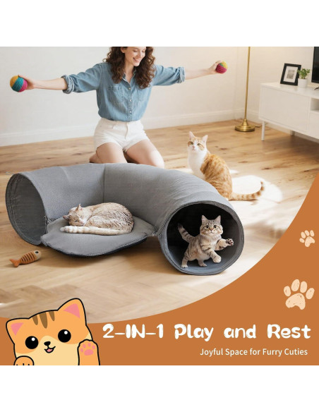 Cueva de Gato Pawaboo 2-en-1 con Túneles y Cojines Gris