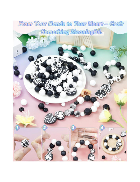106 Perlas de Silicona FIVEIZERO Negras y Blancas para DIY