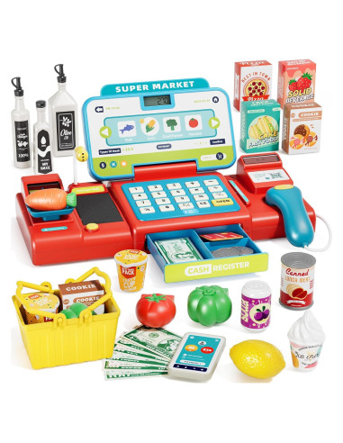 Caja Registradora de Juguete para Niños 3-8 Años - Azul y Rojo