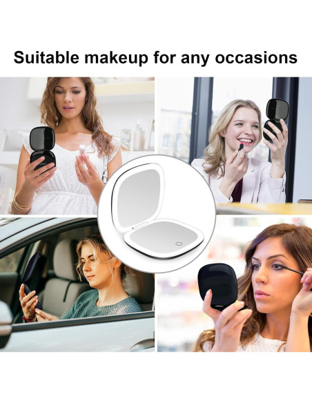 Espejo Compacto de Maquillaje Iluminado Deweisn 1X/10X USB Negro