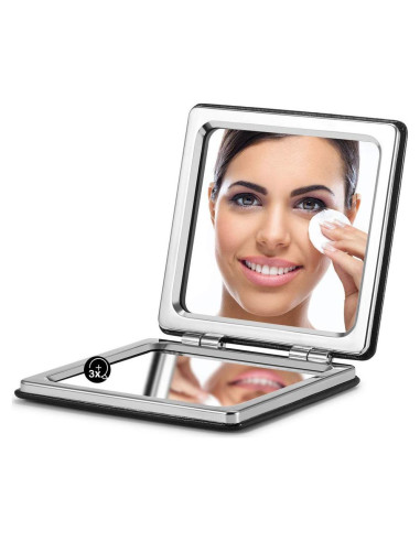 Espejo Compacto OMIRO PU Negro 1X/3X Doble Cara Portátil