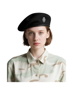 Gorro Beret Militar 100% Lana para Mujeres - Negro Talla Grande