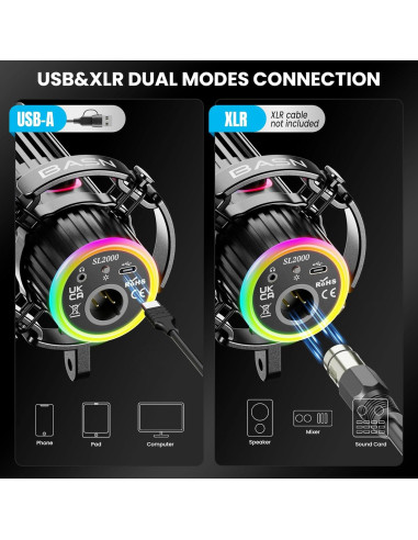 Micrófono Dinámico BASN SL2000 USB/XLR para Podcasting y Streaming