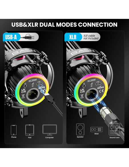 Micrófono Dinámico BASN SL2000 USB/XLR para Podcasting y Streaming