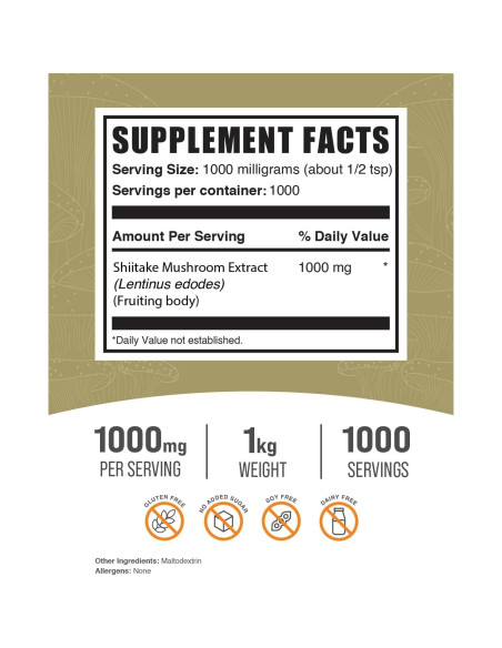 Polvo de Extracto de Champiñón Shiitake BulkSupplements 1kg - Vegano
