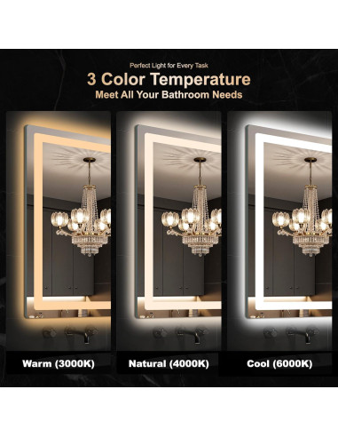 Espejo de Baño LED Delma 30x50 cm, Anti-vaho, 3 Modos de Luz