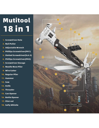 Multiherramienta 18 en 1 MALOM con Martillo y Alicate Negro