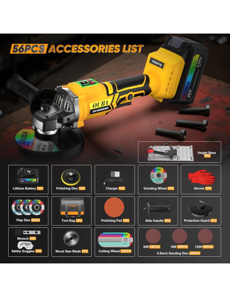 Amoladora Angular Inalámbrica OUBA 20V con 56 Accesorios