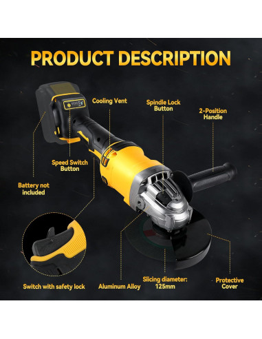 Amoladora Angular Inalámbrica DEWALT 20V 125mm 10,000RPM