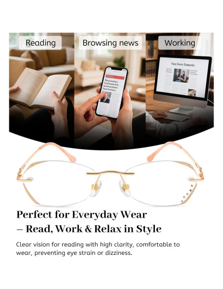 Gafas de lectura sin montura LUMIHA HD dorado rosa +3.0