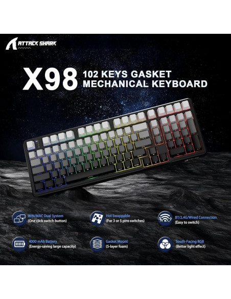 Teclado Mecánico Inalámbrico Attack Shark X98 RGB PBT