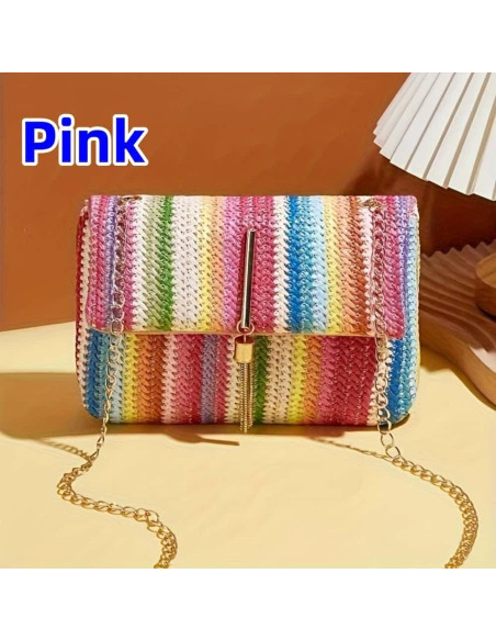Bolso Cruzado de Paja VTYFRY con Borlas 20.1x13.5cm Rosa