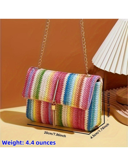 Bolso Cruzado de Paja VTYFRY con Borlas 20.1x13.5cm Rosa