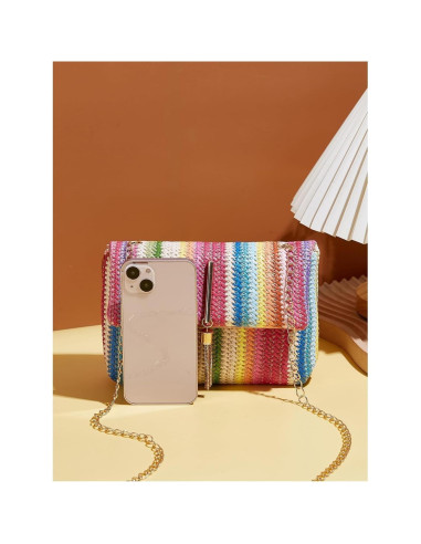 Bolso Cruzado de Paja VTYFRY con Borlas 20.1x13.5cm Rosa