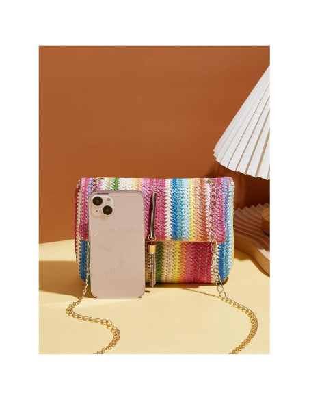 Bolso Cruzado de Paja VTYFRY con Borlas 20.1x13.5cm Rosa