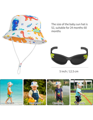 Sombrero de sol UPF 50+ para bebés + gafas dinosaurio