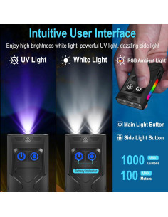 Linterna EDC BORUIT EV15 Recargable USB-C 1000 Lúmenes UV RGB 2