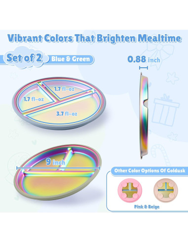 Platos para Bebés Goldusk de Acero Inoxidable 9" 2pcs Azul Verde