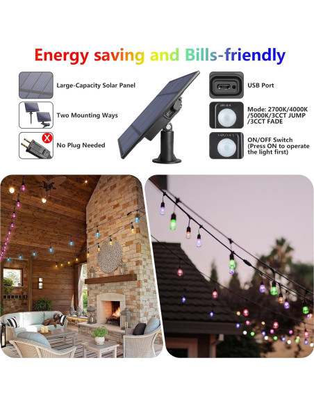 Luces de Cadena Solares RGB WENFENG 48FT 15 Bombillas LED