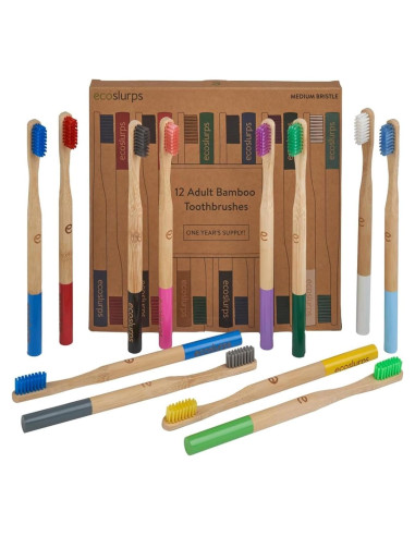 Cepillos de Dientes de Bambú EcoSlurps - 12 Adultos Multicolor