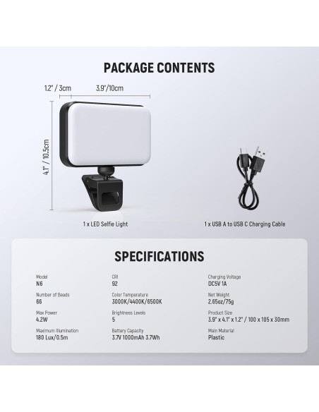 Luz LED para Selfie NEEWER N6, 66 LEDs, Compacta y Recargable