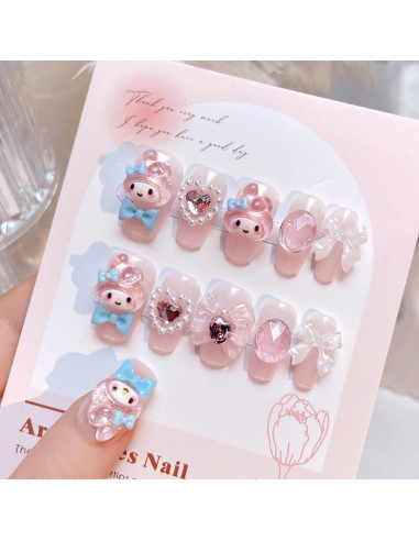 24 Uñas Falsas Medianas Foweso con Lazos y Gemas