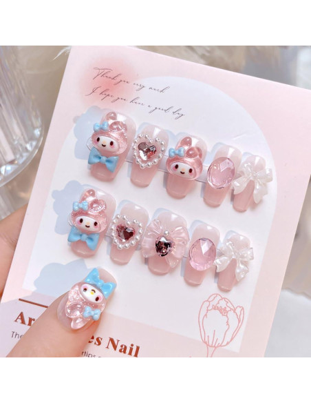 24 Uñas Falsas Medianas Foweso con Lazos y Gemas