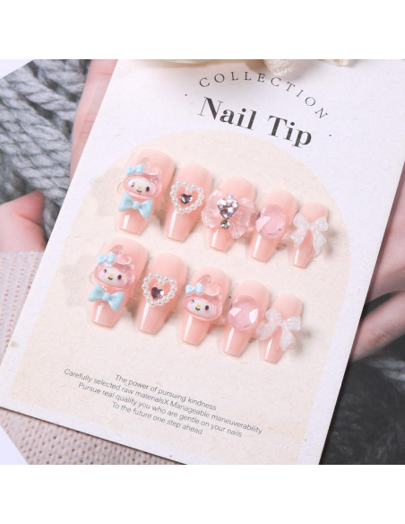 24 Uñas Falsas Medianas Foweso con Lazos y Gemas