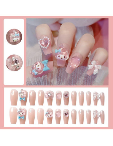 24 Uñas Falsas Medianas Foweso con Lazos y Gemas