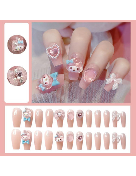 24 Uñas Falsas Medianas Foweso con Lazos y Gemas