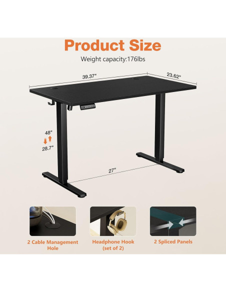 Escritorio de pie eléctrico Sweetcrispy 40x24" negro con 3 presets