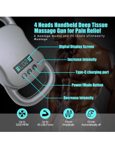 Pistola de Masaje Eléctrica SUPBAND HY-ST2024 4 Cabezas Gris 2