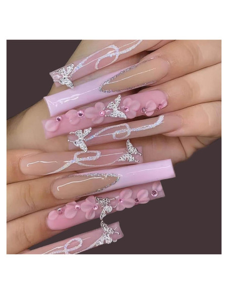 Uñas Postizas Cuadradas XL Gleamrain Rosa Punta Francesa 24 Pzas