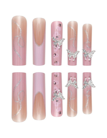 Uñas Postizas Cuadradas XL Gleamrain Rosa Punta Francesa 24 Pzas