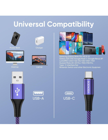 Cable USB C Boenoea 3 m Carga Rápida 4 Piezas Multicolor