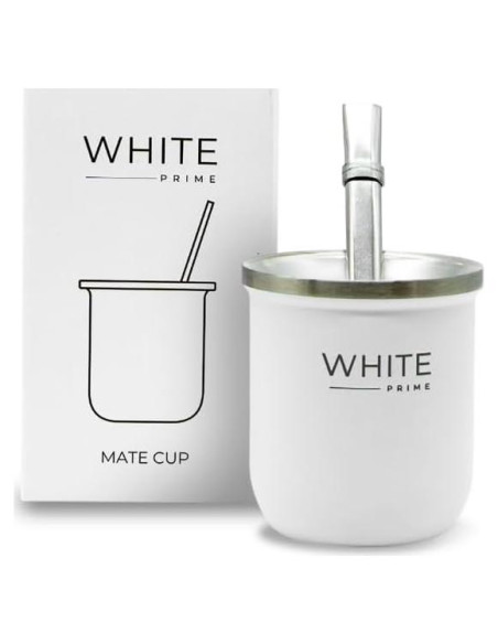 Taza de Mate 6 oz WHITE Prime con Bombilla de Acero Inoxidable